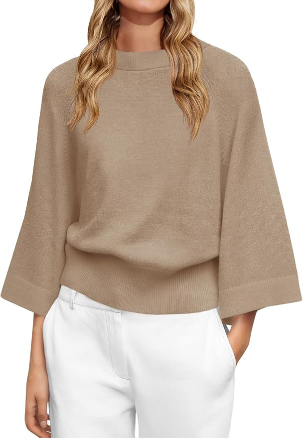 Saodimallsu Womens Crew Neck Batwing Sweaters 3/4 Sleeve Soft Knit Dressy Casual Loose Fit Fall S... | Amazon (US)