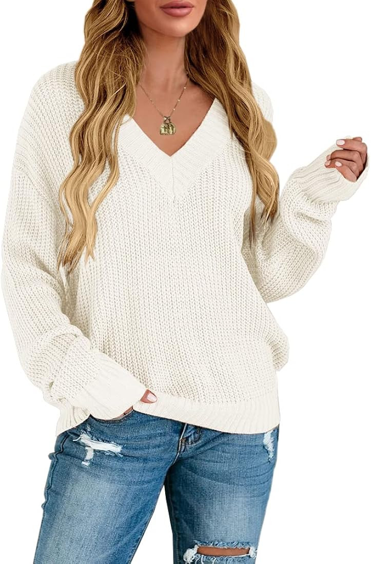 Foshow Womens V Neck Sweaters Oversized Long Sleeve Off Shoulder Ribbed Loose Knit Slouchy Pullover  | Amazon (US)