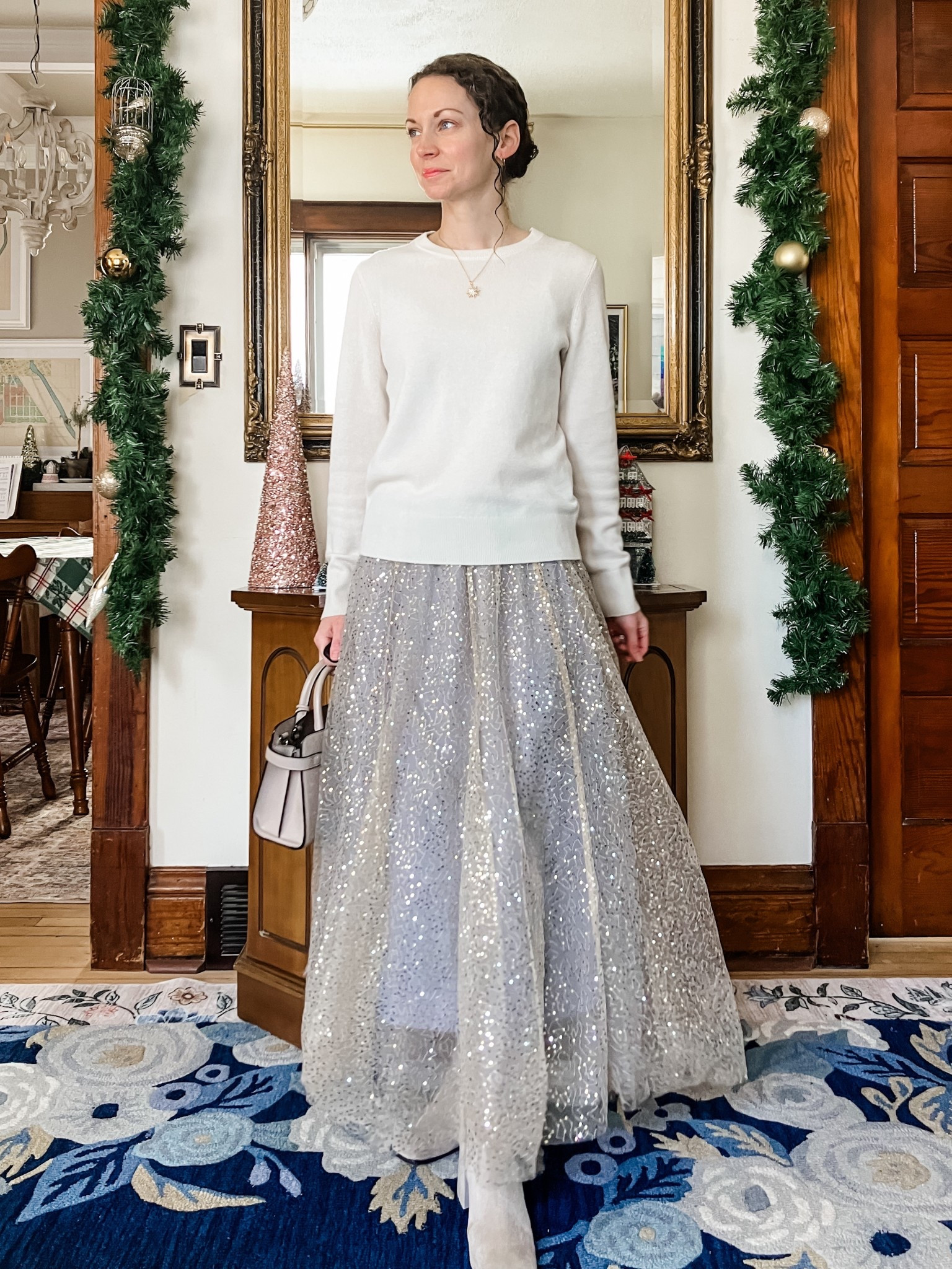 A cashmere sweater and sparkly skirt make a beautiful and comfortable modest Christmas outfit!
Petite outfit. Modest outfit. Classic outfit. Neutral outfit. 

#LTKHoliday #LTKOver40 #LTKootd