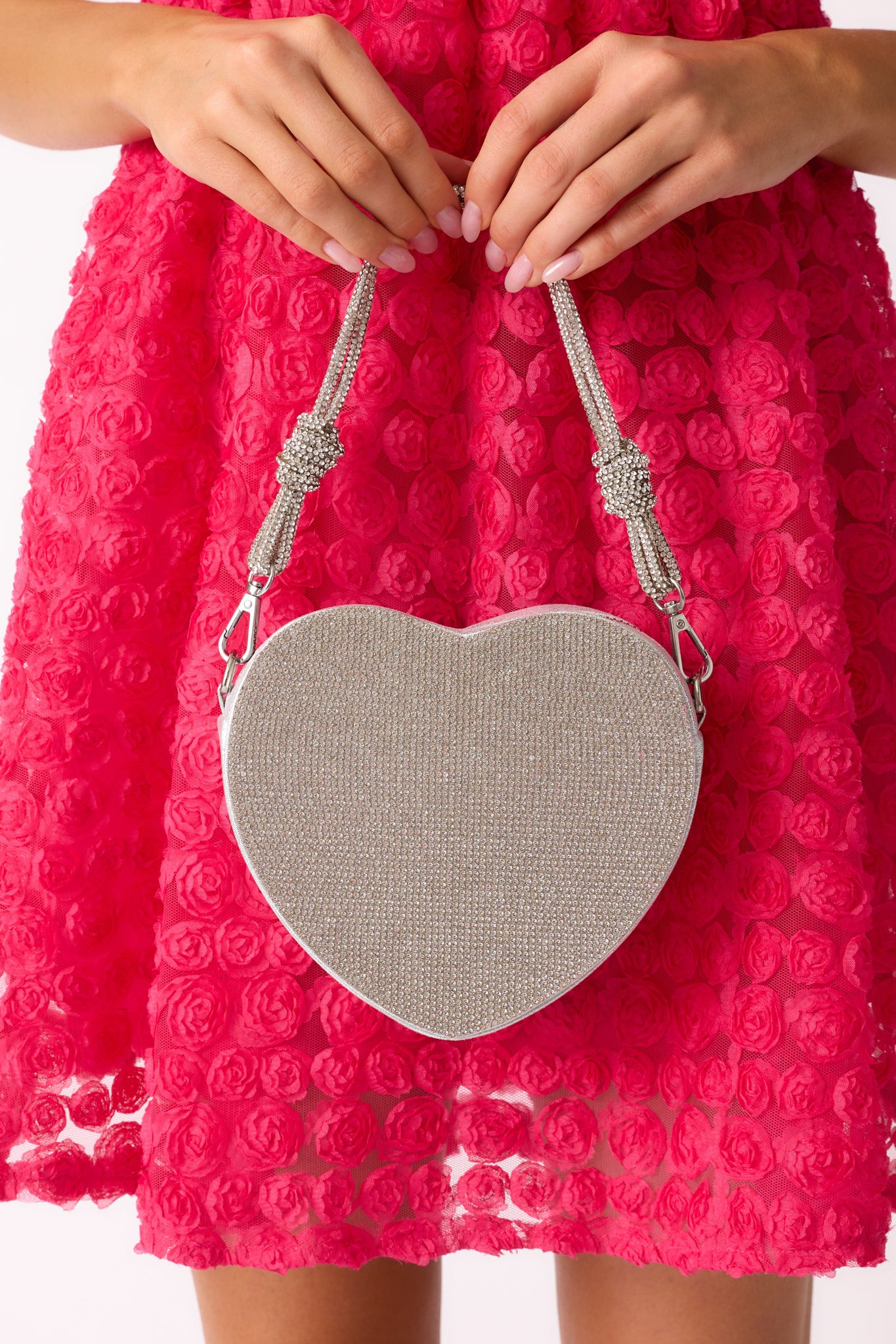 Shining Lights Silver Rhinestone Heart Handbag | Red Dress