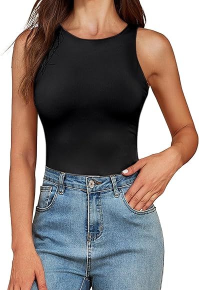 Flevita Women's Casual Sleeveless Slim Fit Crew Neck Sexy Tank Tops Shapwear Bodysuit Shirts | Amazon (US)