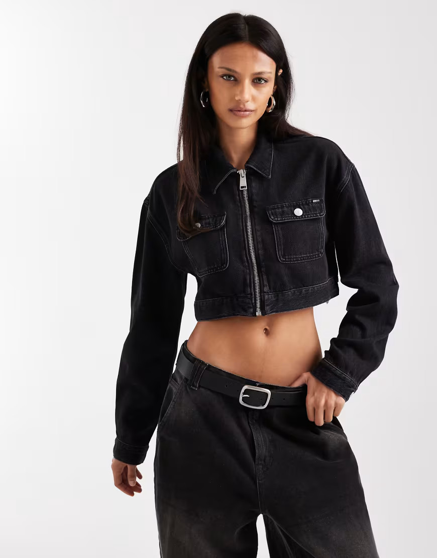 Tommy Jeans cropped zip up denim jacket in black | ASOS (Global)
