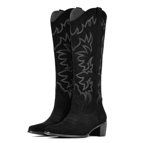 IUV Cowboy Boots For Women Wide Width Knee High Western Cowgirl Boots Snip Toe Side Zipper Chunky Heel | Amazon (US)