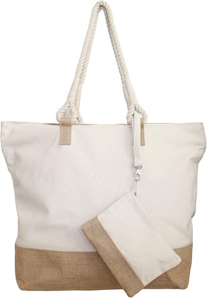 Au Natural Beach Bag with Zipper Closure, Natural Beach bag, Boho tote, Woven Jute and canvas, Be... | Amazon (US)
