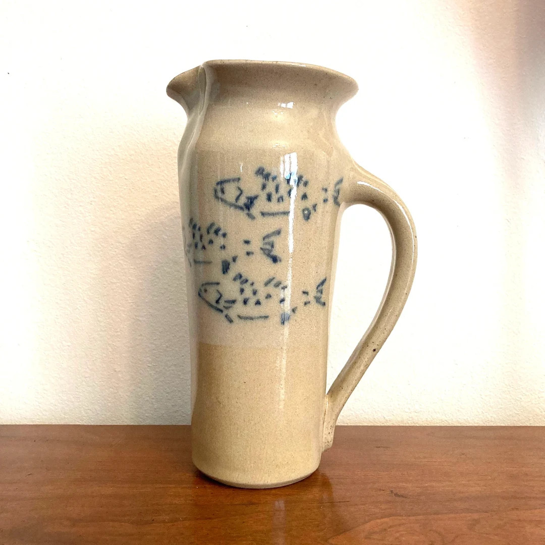 Vintage Artisan Stoneware Pottery Milk Pitcher, Colbalt Blue Fish Design, Small Juice Pitcher, Po... | Etsy (US)