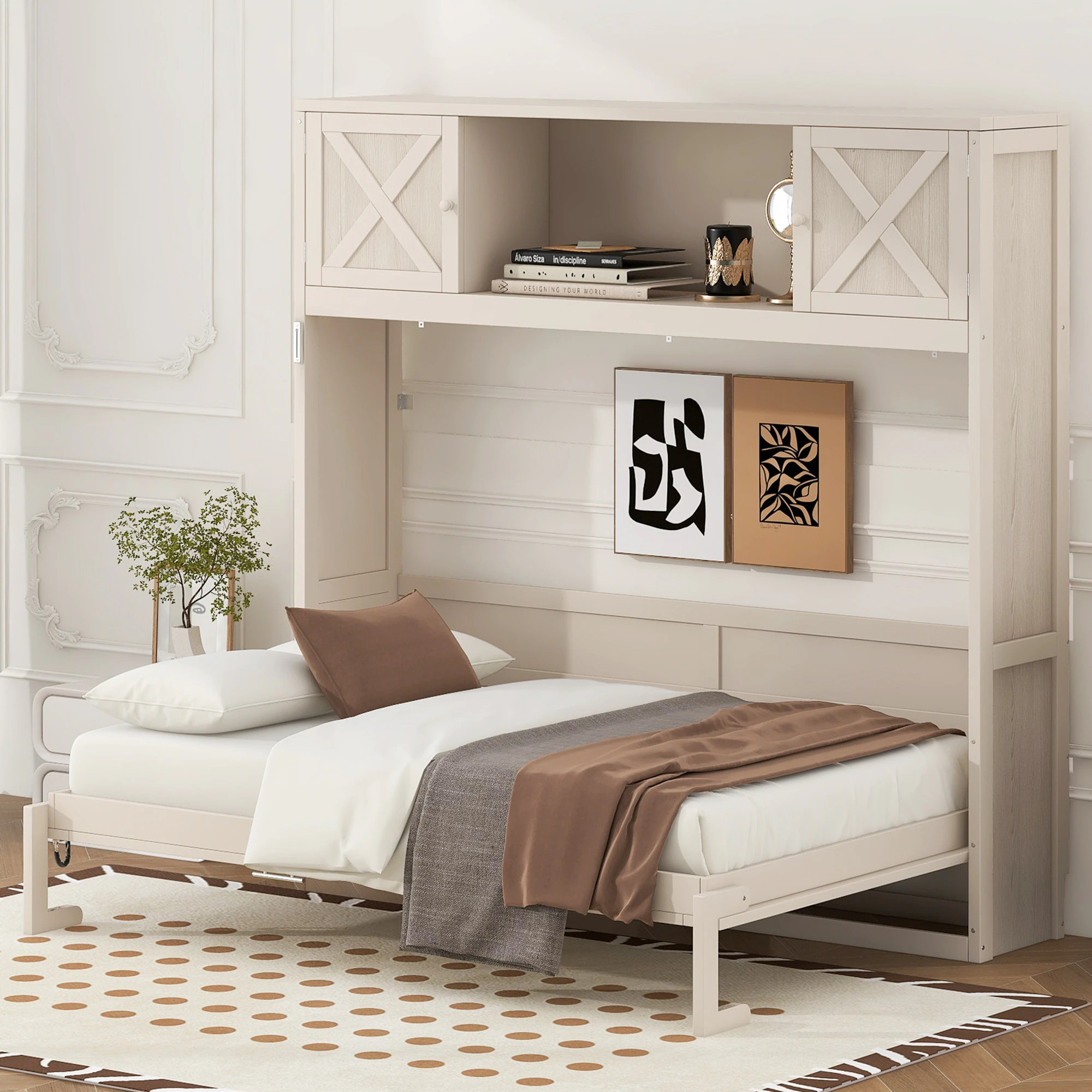GDFStudio Queen Size Murphy Bed with Storage Cabinets in Beige Fold-Down Wall Bed with Shelves Country Style one_size | 359836 | Lowe's