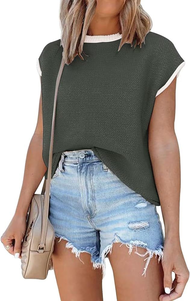 Womens Cap Sleeve Sweater Vest Summer Tops Sleeveless Tank Tops 2024 Trendy Spring Clothes Stripe... | Amazon (US)