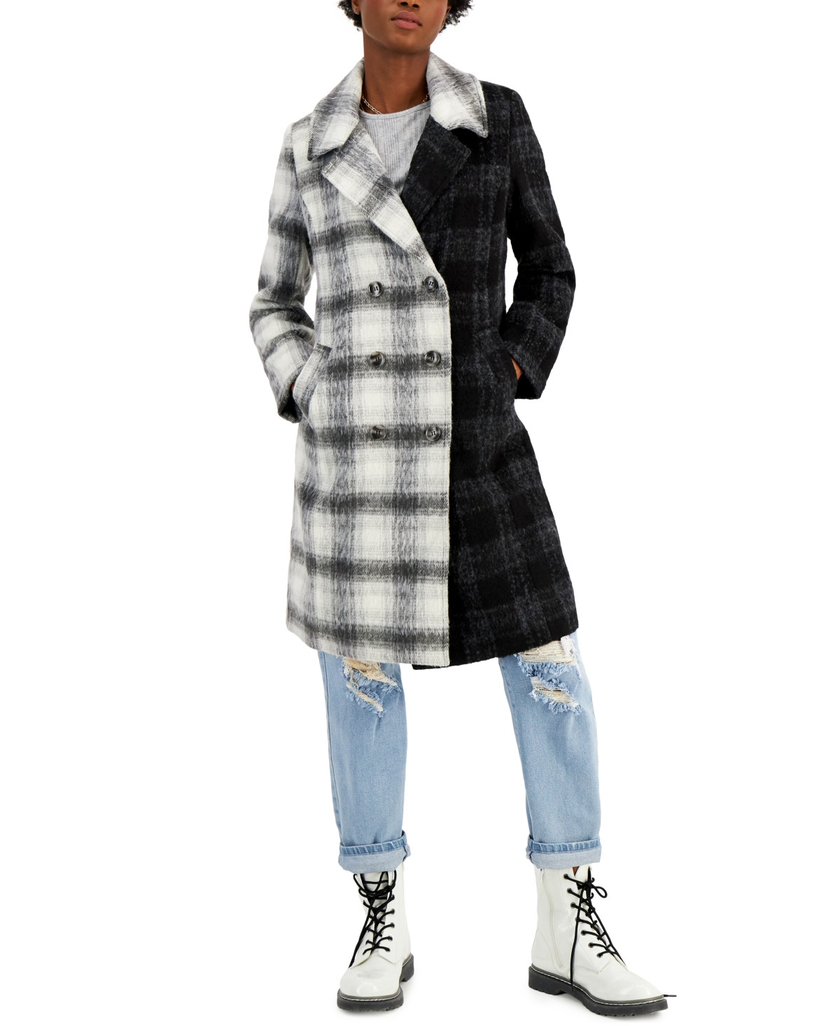 CoffeeShop Juniors' Double-Breasted Plaid Coat | Macys (US)