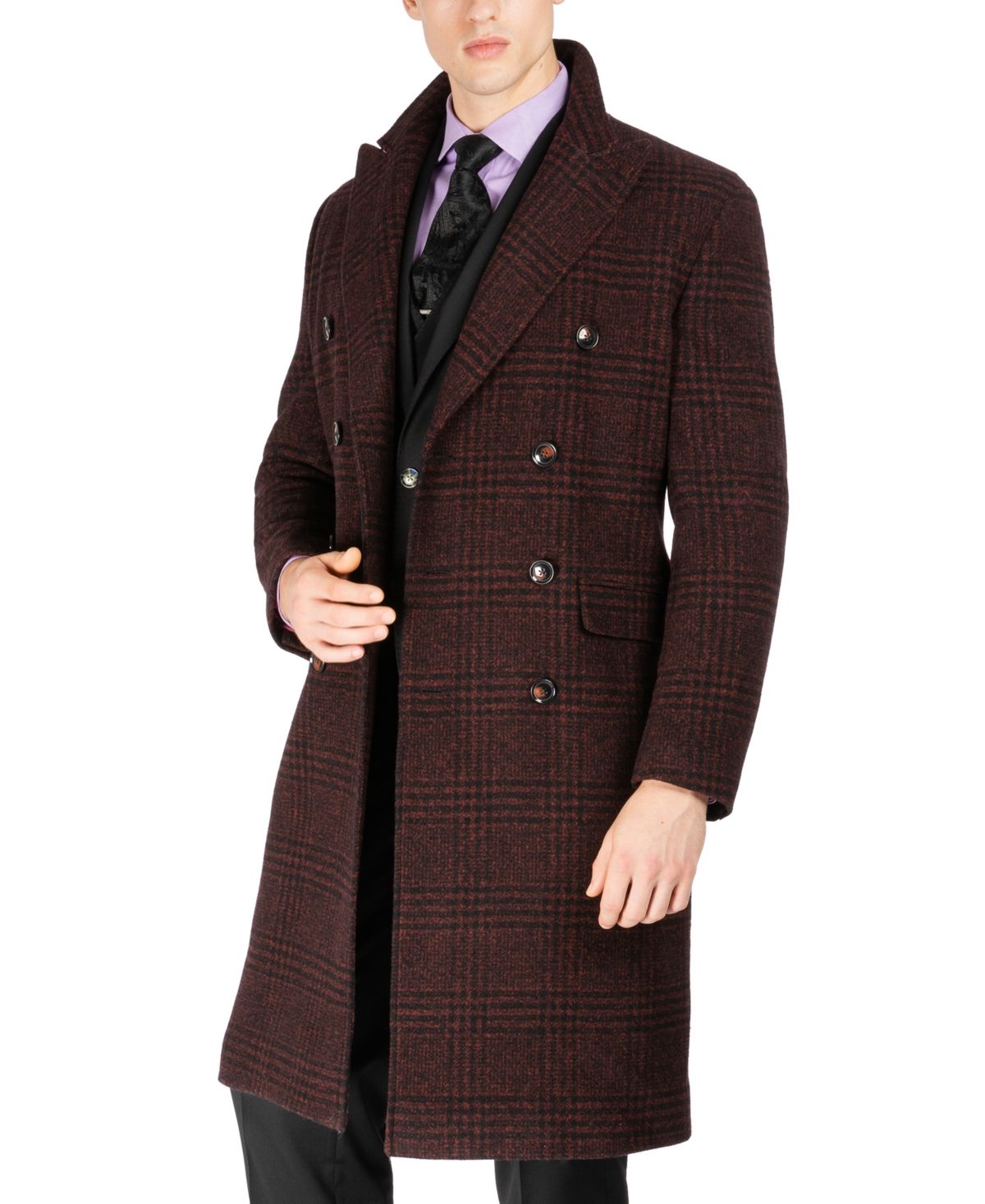 Tayion Collection Men's Classic Double-Breasted Glen Plaid Overcoat | Macys (US)