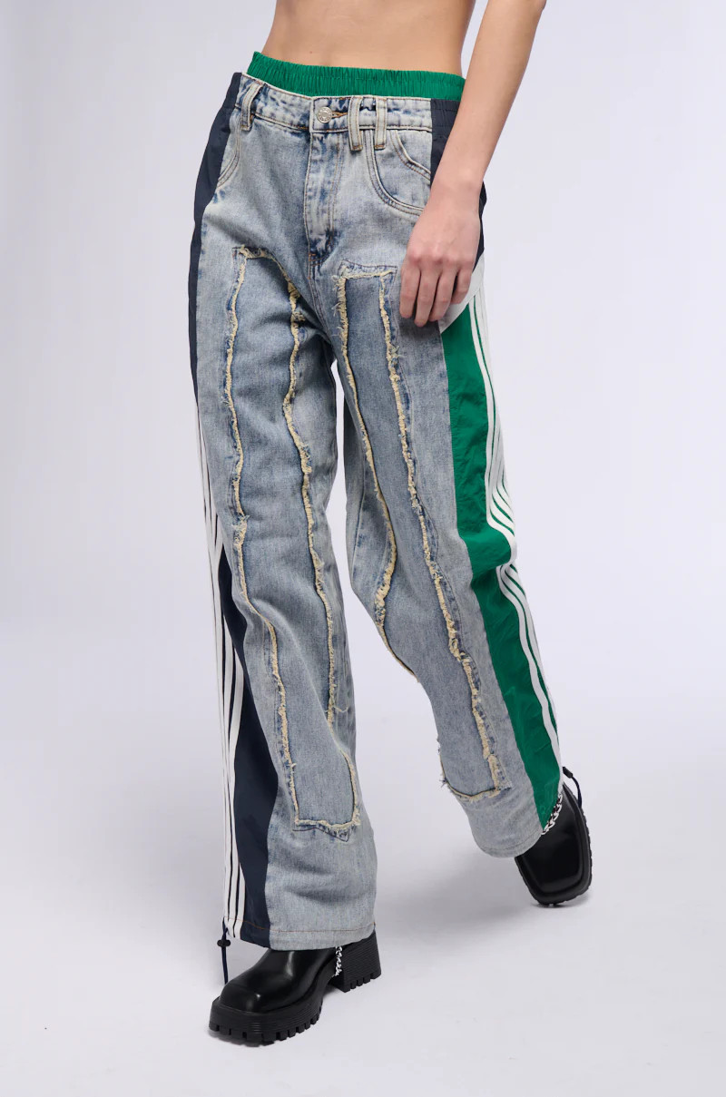 ALL AROUND THE WORLD PATCHWORK DENIM JOGGER PANT IN GREEN MULTI | AKIRA