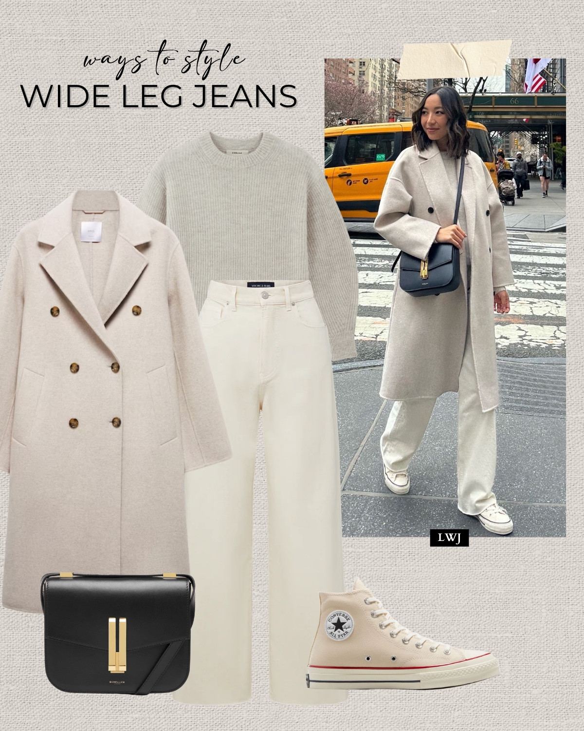 Styling wide leg jeans for spring 

Cream coat 
Knit sweater 
Ecru jeans
Converse 
Demellier purse 

#LTKSeasonal #LTKStyleTip