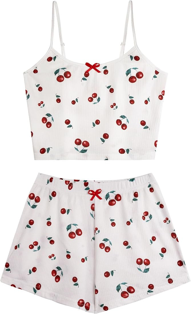 Hilinker Womens Graphic 2 Piece Pajama Set Summer Cute Crop Cami and Shorts Ribbed Lounge Sets | Amazon (US)