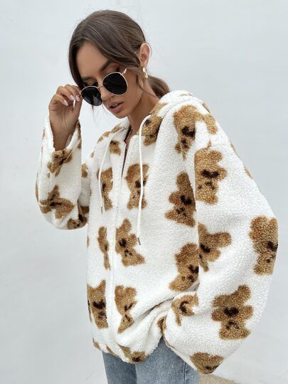 Bear Print Drop Shoulder Drawstring Hooded Fleece Coat | SHEIN