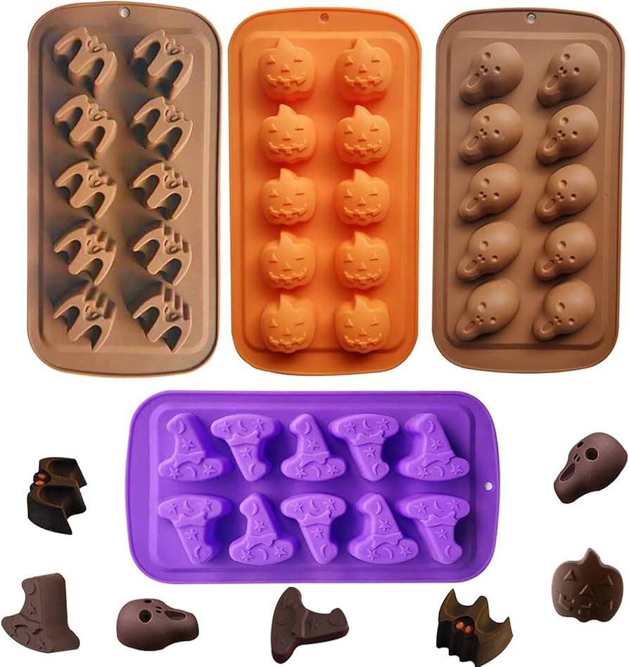 4 Pack Halloween Silicone Baking Molds，Pumpkin Skull Bat Wizard Hat Shape Cake Mold Chocolate G... | Amazon (US)