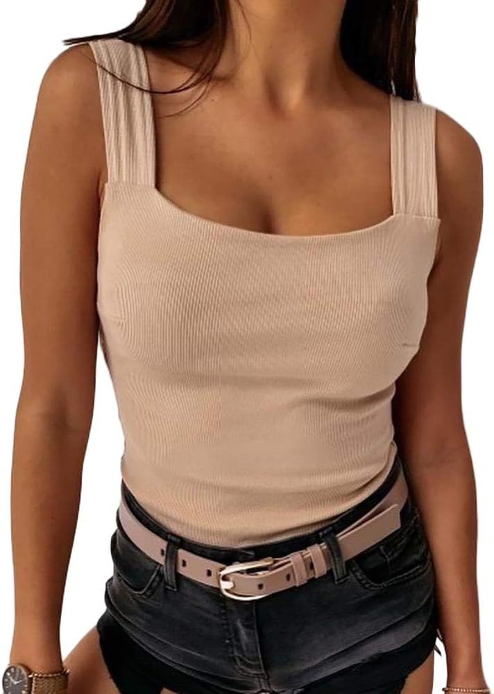 Womens Sexy Low Cut Square Neck Tank Top Casual Thick Strap Summer Solid Top | Amazon (US)