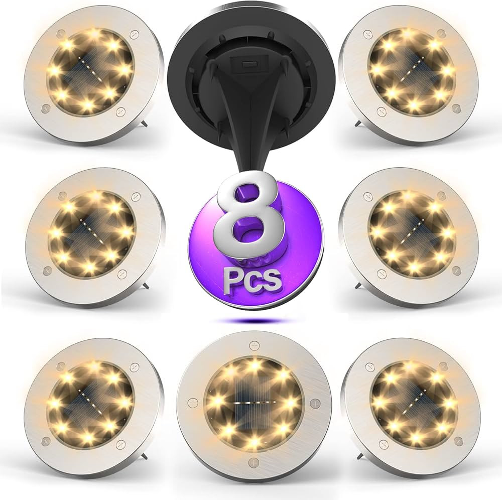 Solar Lights Outdoor, Disk Lights Solar Powered - 8 Led, Outdoor in-ground Solar Lights for Lands... | Amazon (US)