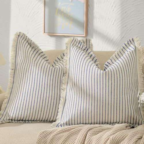ZWJD Throw Pillow Covers 24x24 Set of 2 Blue Striped Pillow Covers with Fringe Chic Cotton Decora... | Amazon (US)