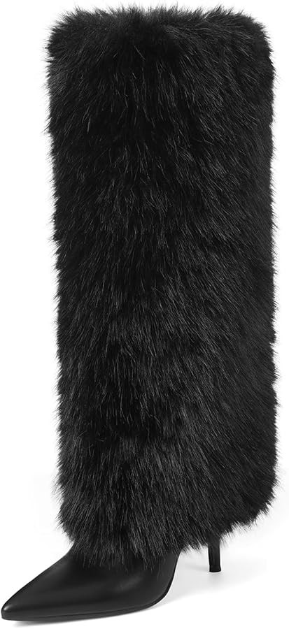 Womens Furry Boots Knee High Fold Over Tall Boot Wide Calf Pointed Toe Stiletto High Heel Fall Wi... | Amazon (US)