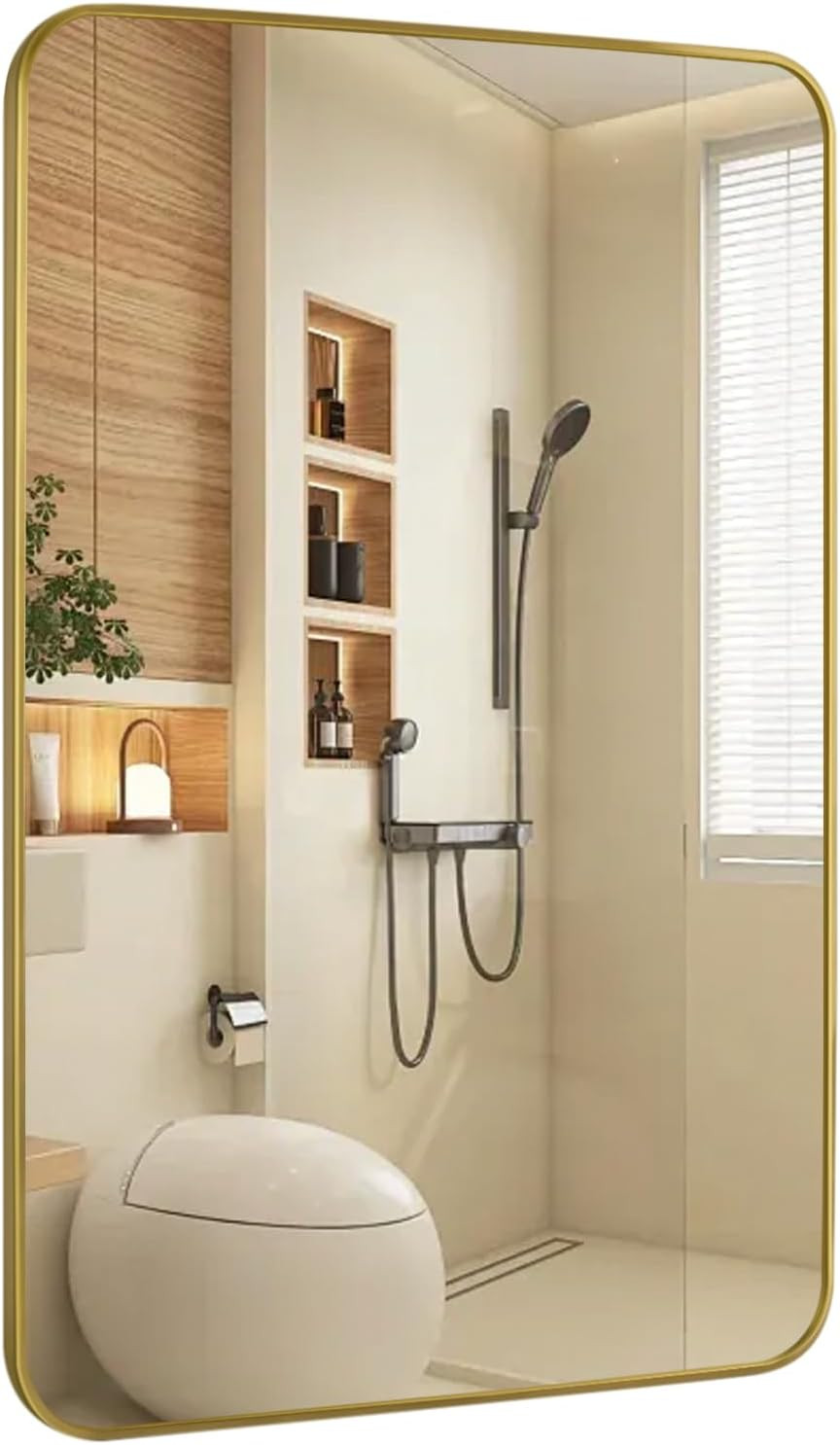Gold Wall Mirror for Bathroom 24X36 Inch Stainless Steel Metal Frame Bathroom Vanity Mirror Rounded Rectangle Mirror Rustproof for Entryway, Living Room Hangs Vertically or Horizontally | Amazon (US)