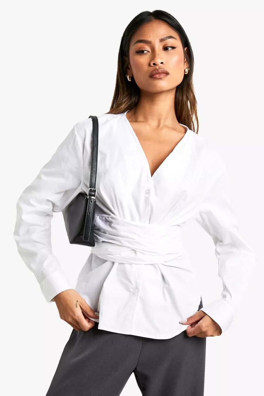 COTTON POPLIN BELTED WRAP SHIRT | Boohoo.com (UK & IE)