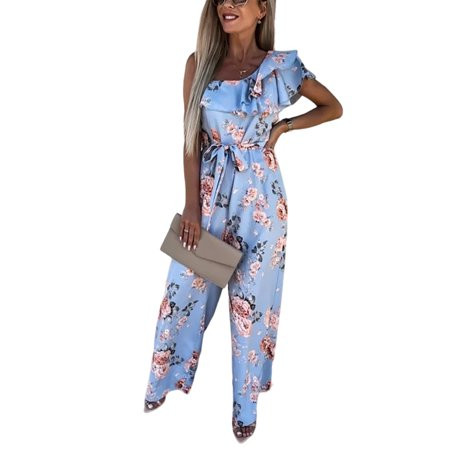 Frontwalk Ladies Summer Loose One Shoulder Jumpsuits Trousers Ruffled Boho Long Pants Floral Print V | Walmart (US)