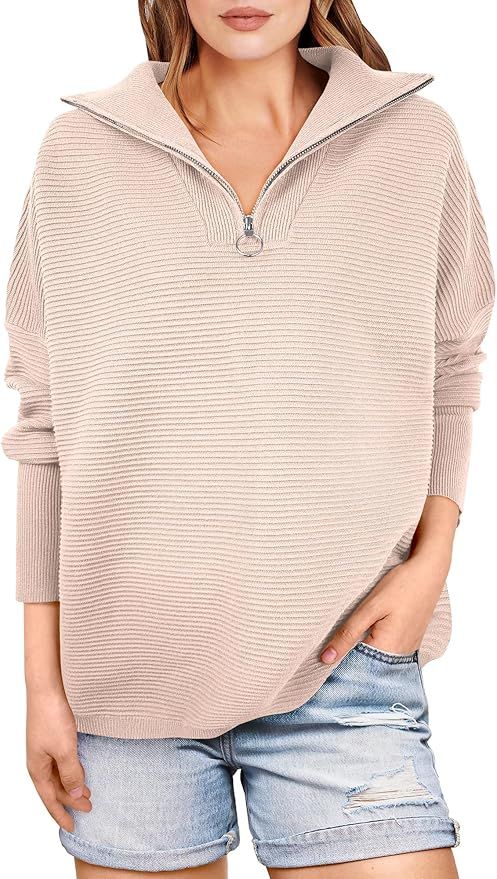 ANRABESS Women Quarter Zip Oversized Casual Loose Rib Knit Cozy Pullover Sweaters Top 2024 Fall F... | Amazon (US)