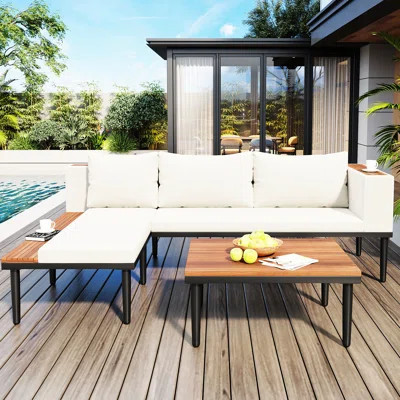 L-Shaped Outdoor With Removable Cushions And Coffee Table, Patio Furniture For Backyard, Porch, Balcony, Deck, Or Poolside, Made Of Wood Iron, Comfort | Wayfair North America