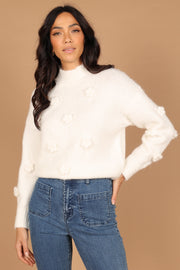 Raquel Mock Neck Flower Detail Knit Sweater - White | Petal & Pup (US)