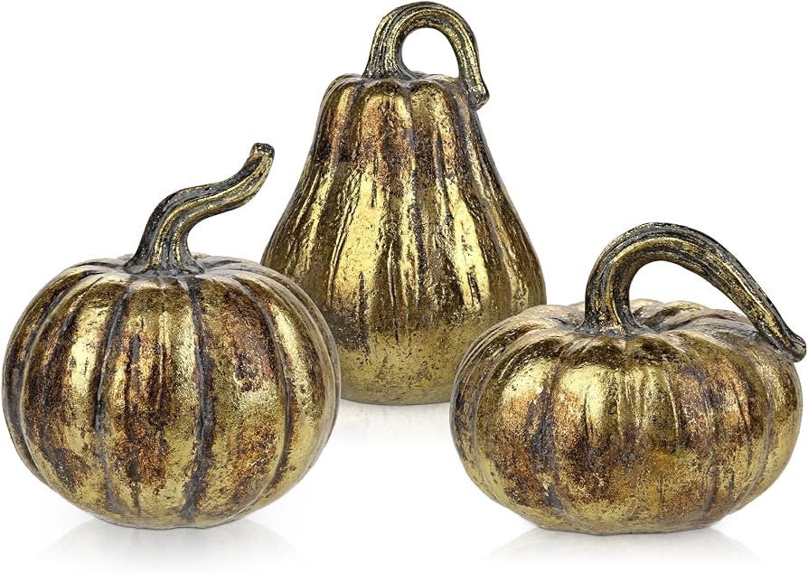 Hollyone Fall Pumpkin Decor 3 PCS Gold Resin Pumpkin Figurines Fake Pumpkins for Decorating Faux ... | Amazon (US)