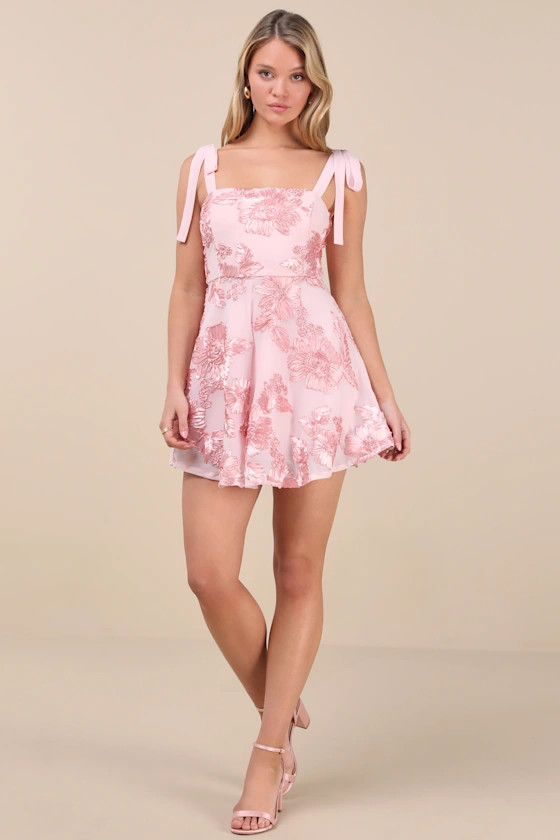 Truly Inspiring Pink Mesh Floral Applique Tie-Strap Mini Dress | Lulus