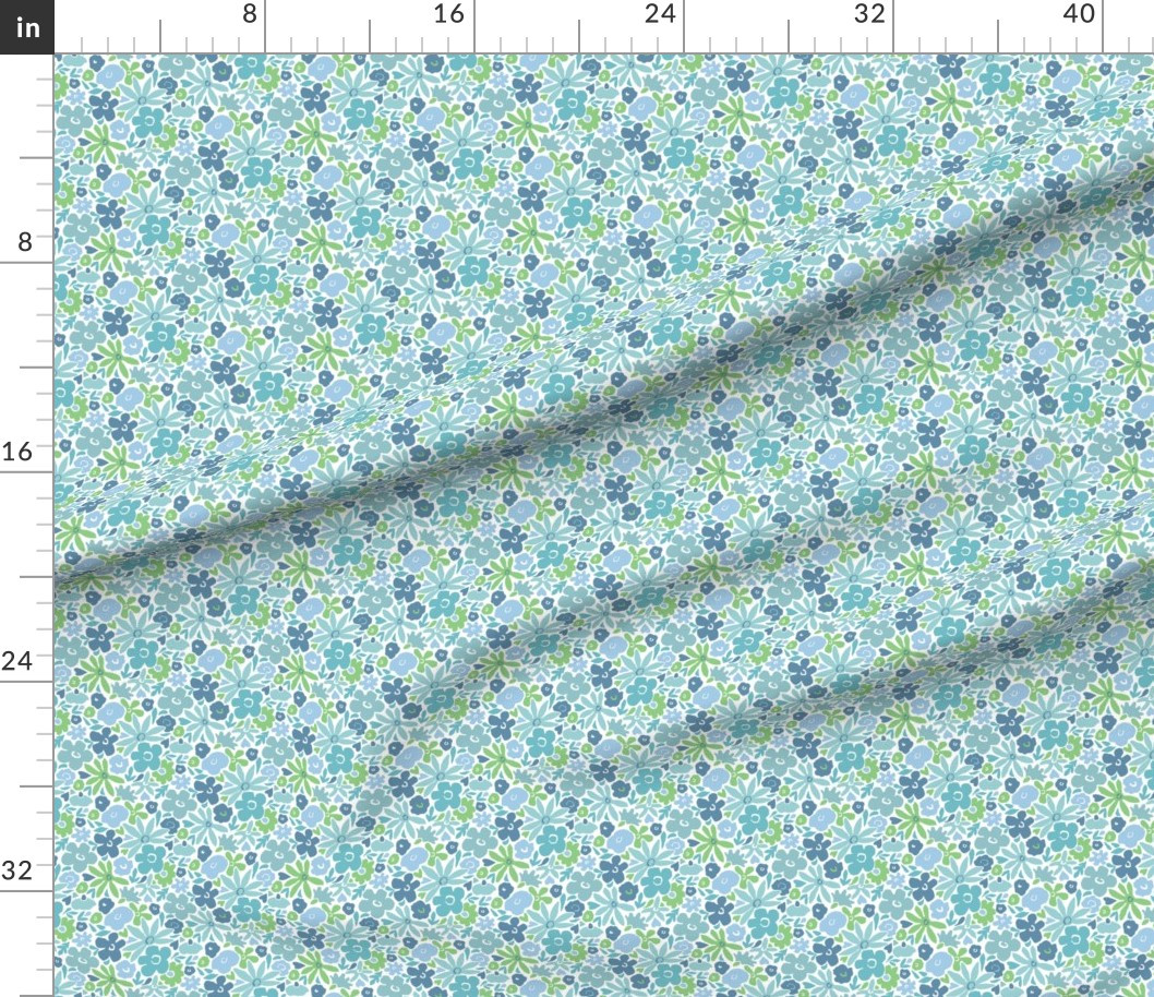 Happy Garden Small Scandi Folk Flowers in blue teal and green Fabric | Spoonflower | Spoonflower