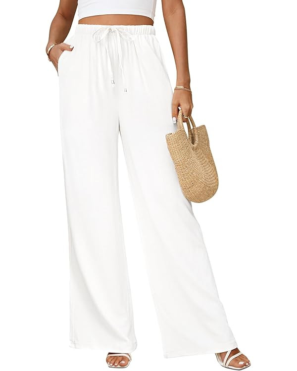 Linen Pants for Women Flowy Palazzo Pants Boho High Waist Wide Leg Trousers Summer Beach Vacation... | Amazon (US)
