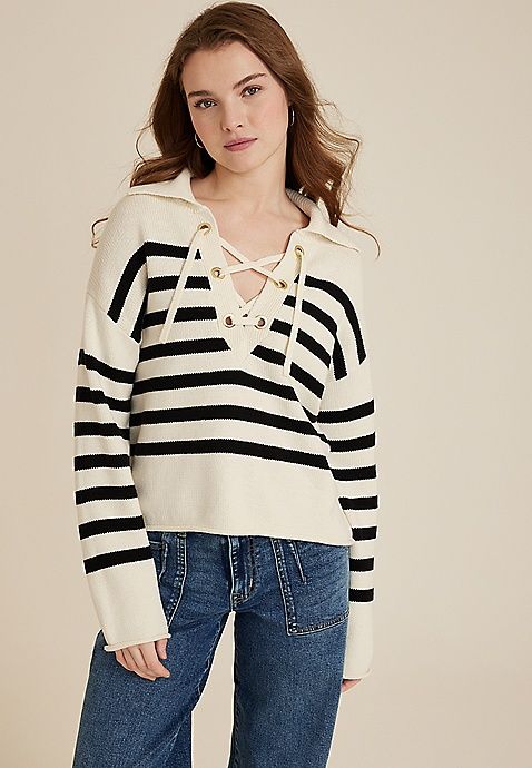 Stripe Lace Up Collared Sweater | Maurices