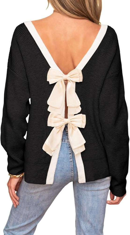 CUPSHE Women's Fall Pullover Top Bow Ribbed Knit Crew Neck Long Sleeve Contrast Trim Sweater | Amazon (US)