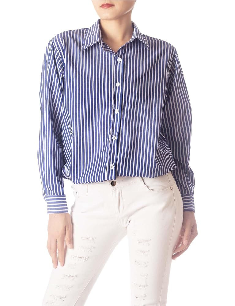 iB-iP Women's Navy Stripes Cotton Button Long Sleeve Shirt | Amazon (US)
