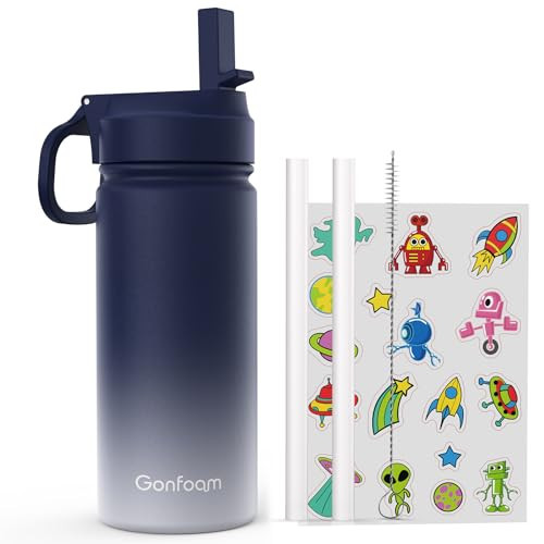 Kids Water Bottle, 16oz Kids Water Bottle with Stickers for School, insulated Stainless Steel Straw Cup(Blue/Gray) | Amazon (US)