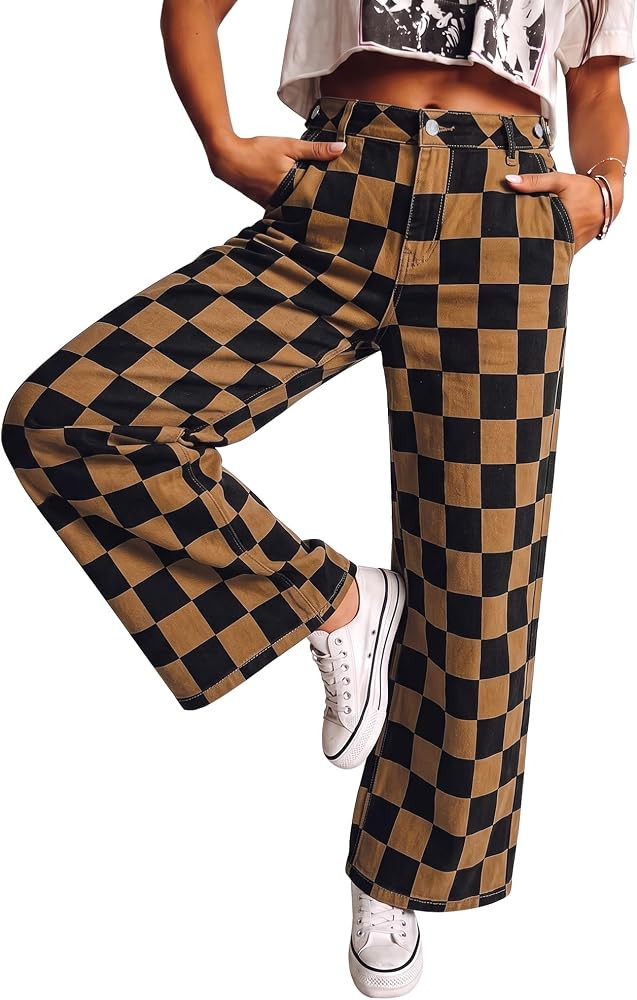 luvamia Checkered Pants Women High Rise Cinch-Waist Stretchy Wide Leg Jeans | Amazon (US)