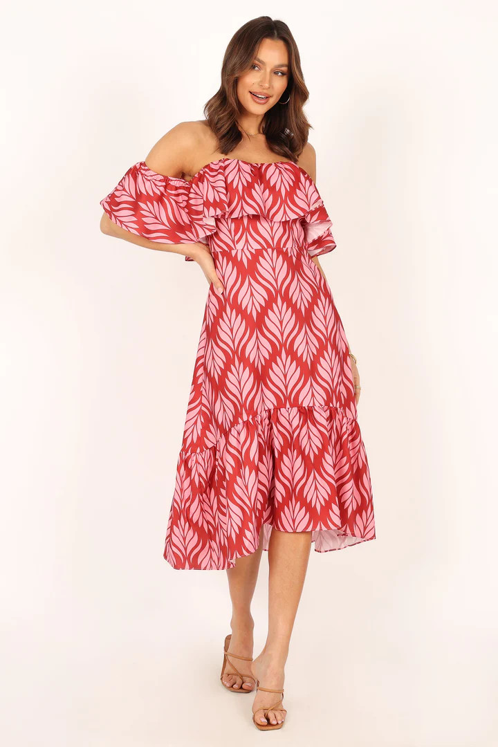 Neoma Strapless Midi Dress - Red Palm Print | Petal & Pup (US)