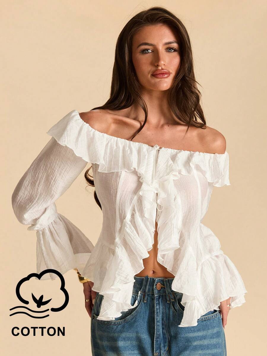 SHEIN BAE Women's Solid Color Ruffle Ruffle Bell Sleeve Fashion Top Vacation White Autumn Romantic Cottage | SHEIN