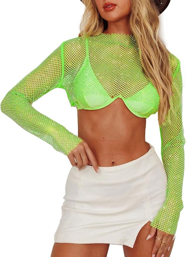 BEJONS Women Rhinestone Top Black Mesh Chain Fishnet Long Sleeve Outfit - Sparkly Crystal Rave Cr... | Amazon (US)