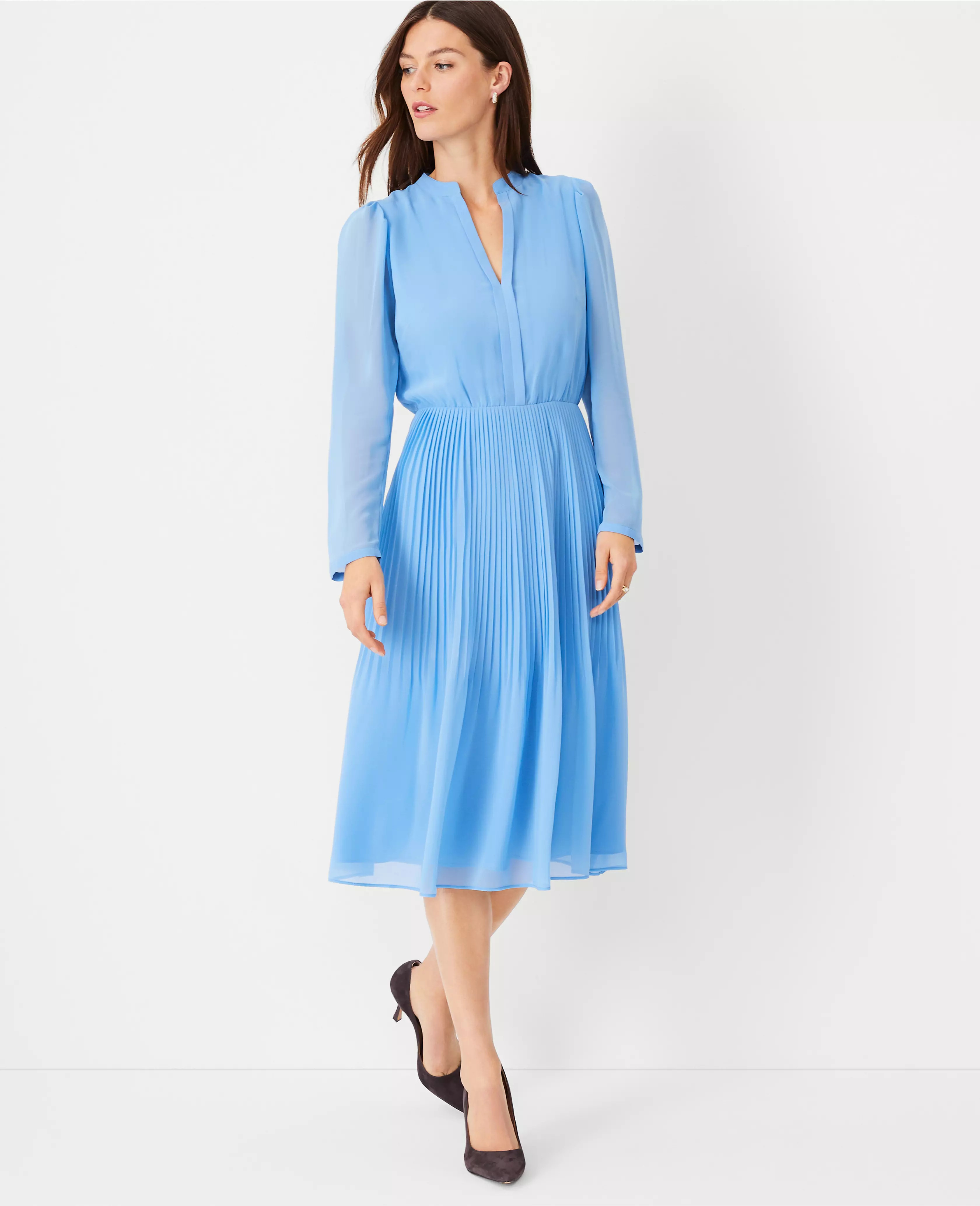Pleated Long Sleeve Flare Dress | Ann Taylor (US)