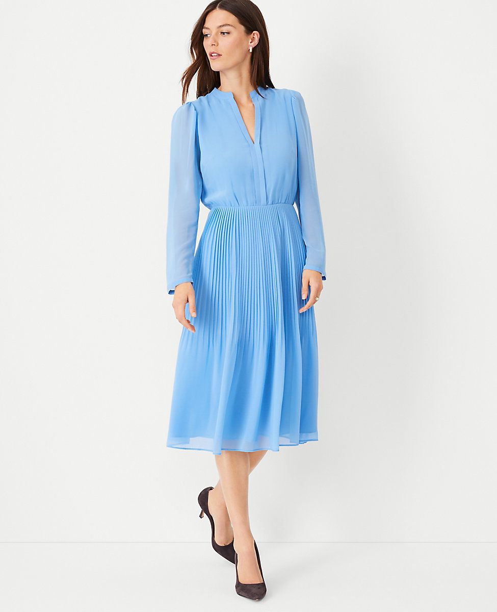 Pleated Long Sleeve Flare Dress | Ann Taylor (US)