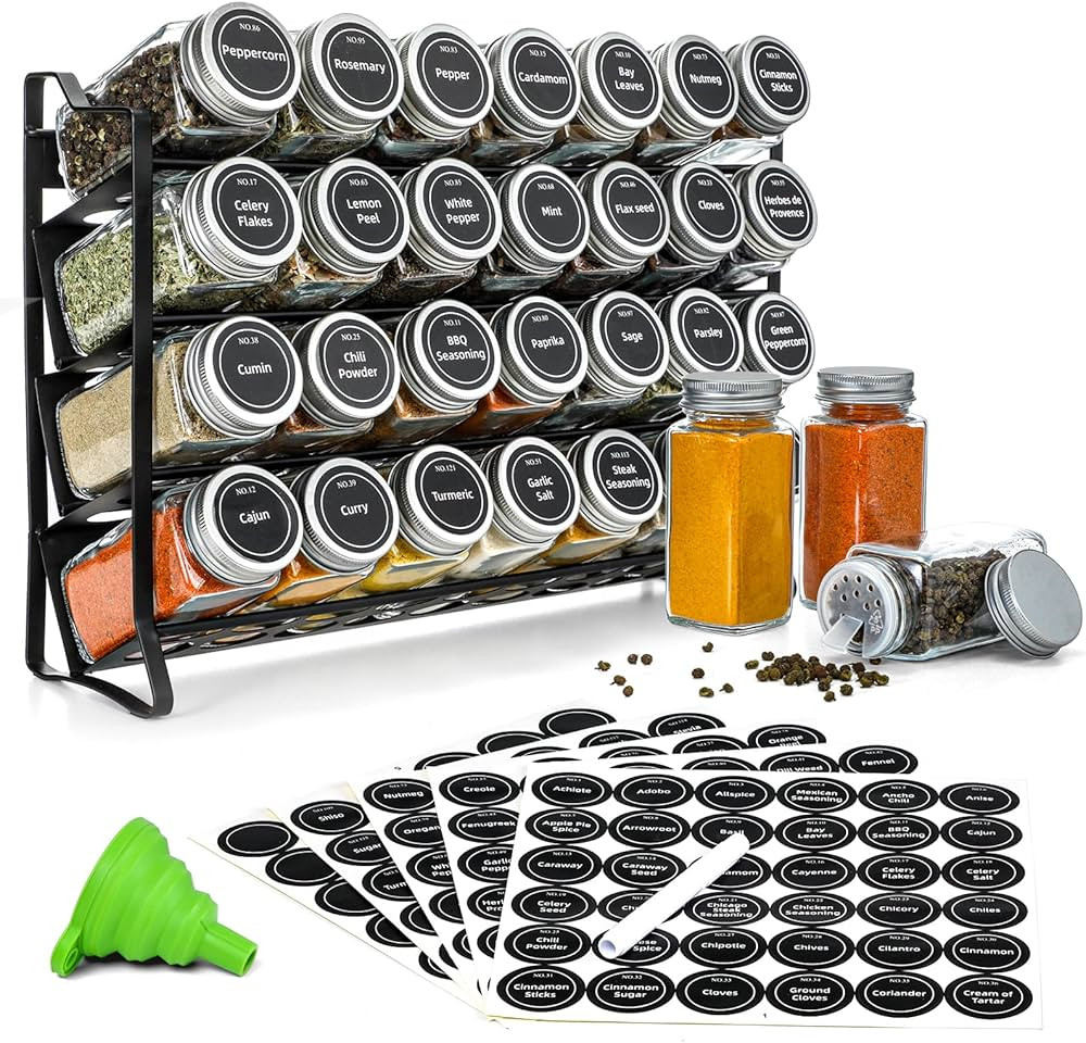 Spice Rack with 28 Spice Jars, Spice Rack Organizer for Cabinet, Spice Jars with Labels, Chalk Ma... | Amazon (US)