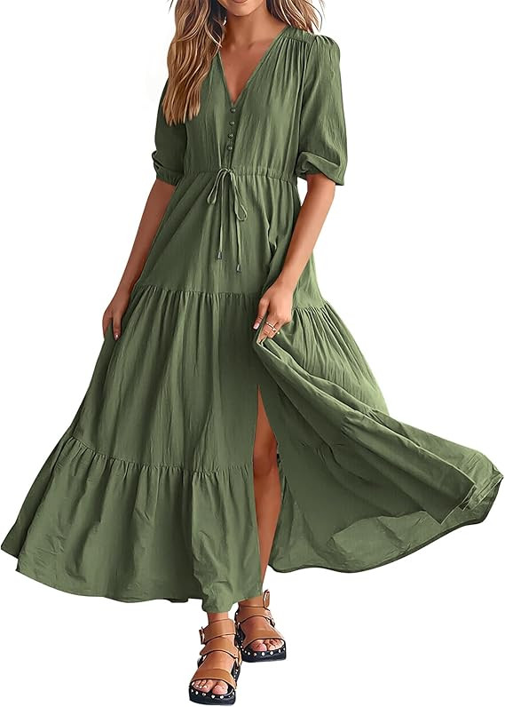 BTFBM Women Summer Dresses Short Sleeves V Neck Button Drawstring Maxi Dresses Solid Color Boho L... | Amazon (US)