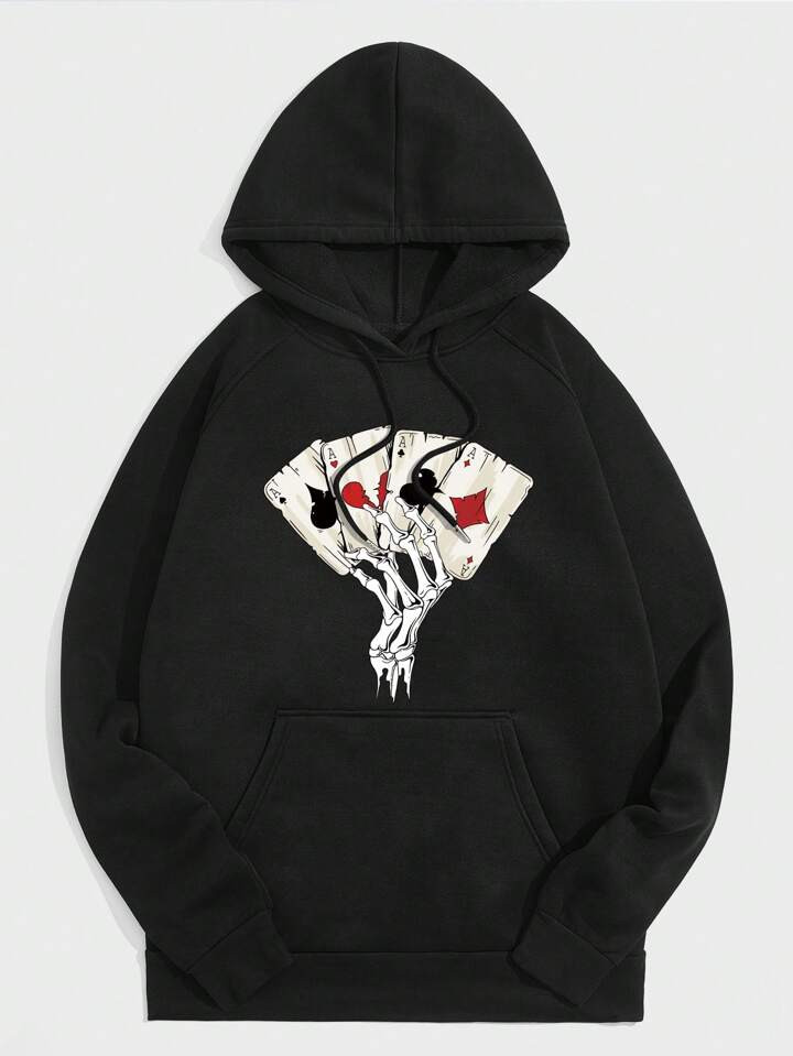 Men Playing Card & Skeleton Print Kangaroo Pocket Drawstring Thermal Hoodie | SHEIN