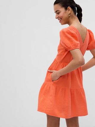 Crinkle Gauze Puff Sleeve Tiered Mini Dress | Gap (CA)