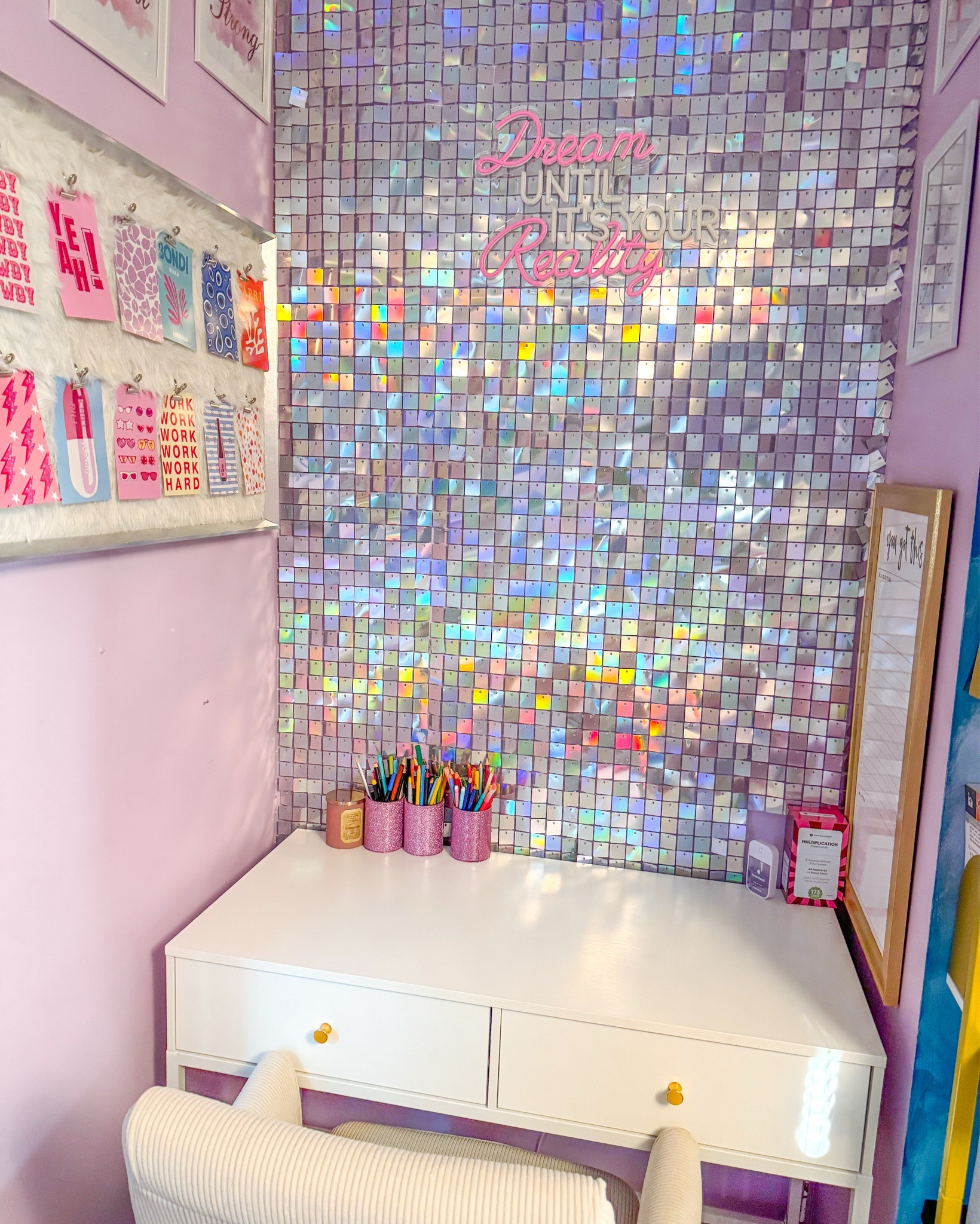  New desk and comfy chair I put up in my daughters study corner. 

✨Size 35.4inch. Two large pull out drawers perfect for extra storage. 
✨Chair is color cream and super comfortable ! 
✨Also shared the iridescent back drop and neon sign Dream until it’s your reality sign below.

#girlsroom #desk #studynook #home #diy #preteenroom #girlsroomideas  

#LTKmomlife #LTKHome #LTKKids