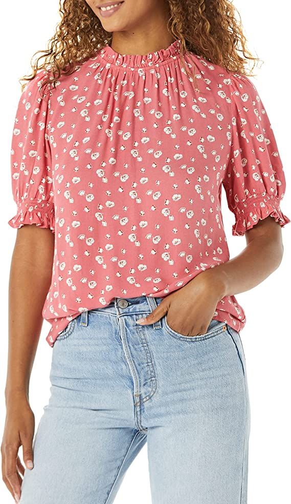 Amazon Essentials Women's Fluid Twill Short Puff Sleeve Smock Detail Shirt | Amazon (US)