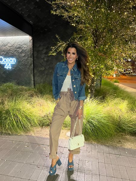 Wearing size 4 (US) in jacket and size 2 (US) in pants! Denim Jacket, Gucci Dupe Jacket, Denim Heels, White Tank Top, Spring Outfits, Paperbag Pants, Khaki Pants, Business Casual, Emily Ann Gemma, River Island, Open Edit, Nordstrom, Travel Outfit

#LTKtravel #LTKshoecrush #LTKstyletip