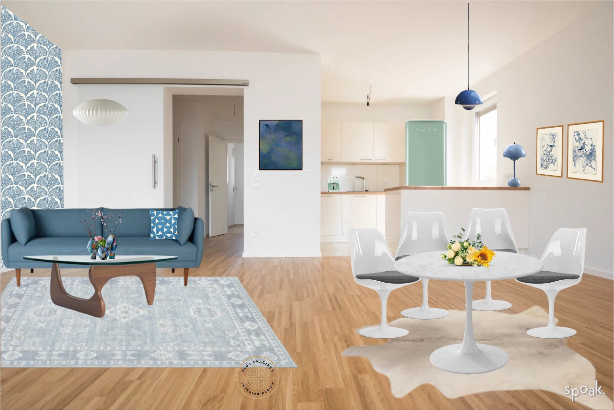 Blue open concept kitchen/living mid-century modern room design! Tulip chairs and Saarinen style round table. Vintage blue rug, blue mid-century modern sofa, Noguchi style coffee table, flower pot pendant and table lamp and wall art from West elm and pottery barn. #livingroom #moodboard #midcenturymodern #homedecor

#LTKHome #LTKStyleTip #LTKSummerSales